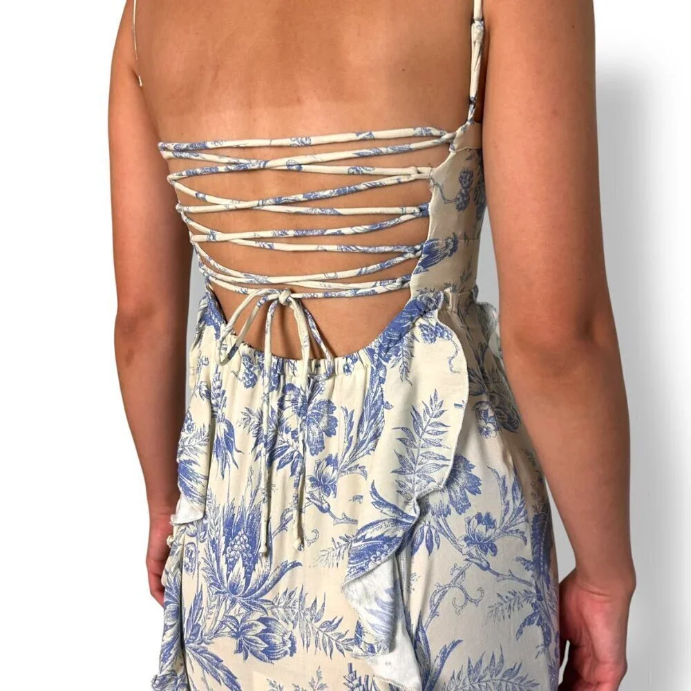 Chaser Maxi Dress Blue Cream Toile Ruffle Lace Up Back Sz XS Victorian Garden